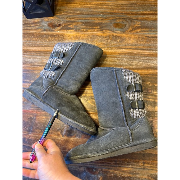 Bearpaw Boshie Womens Charcoal Grey Suede Knit Back Buckle Winter Boots Size 9 - Picture 12 of 15